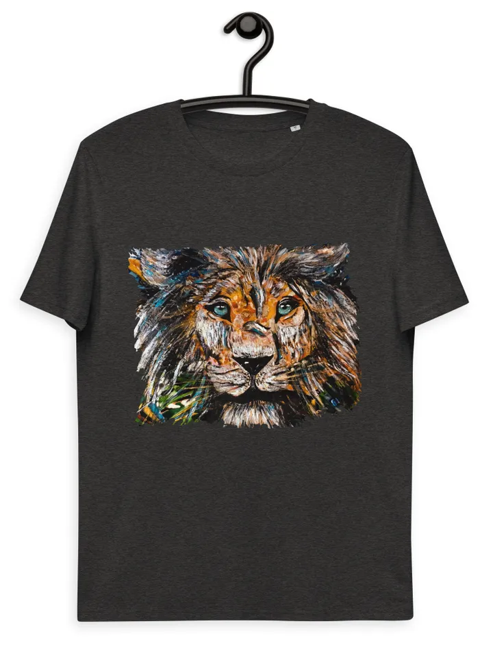 Unique design Lion Unisex organic cotton t-shirt made from  my original mix media artwork on glass,wild animals t shirts, wearable art gifts