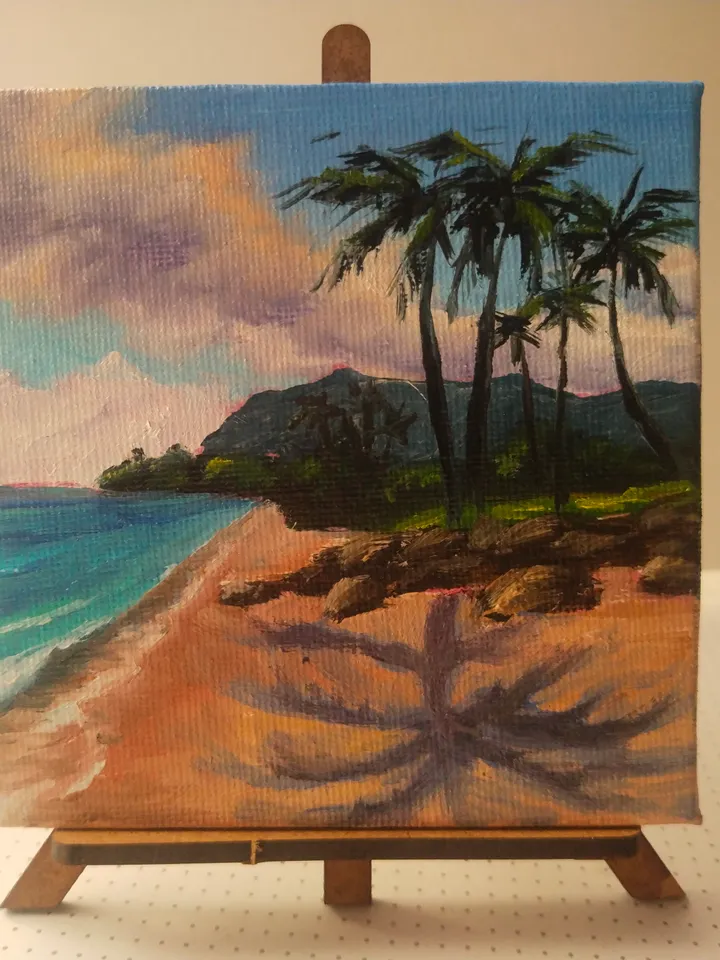 Original Palm Seascape Oil Painting, miniature canvas with easel, Ocean seaside art decor, Unique gift for art lover