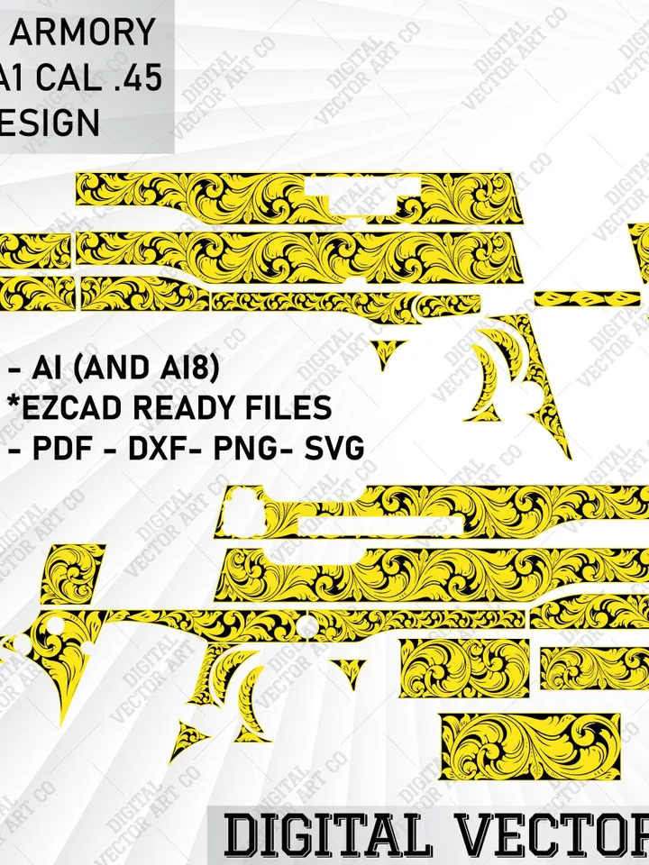 Springfield Armory Model 1911 - A1 Cal .45 Svg Scroll Vector Design | Custom Scrollwork Engraving Design File | Laser Cut | Svg Laser File |