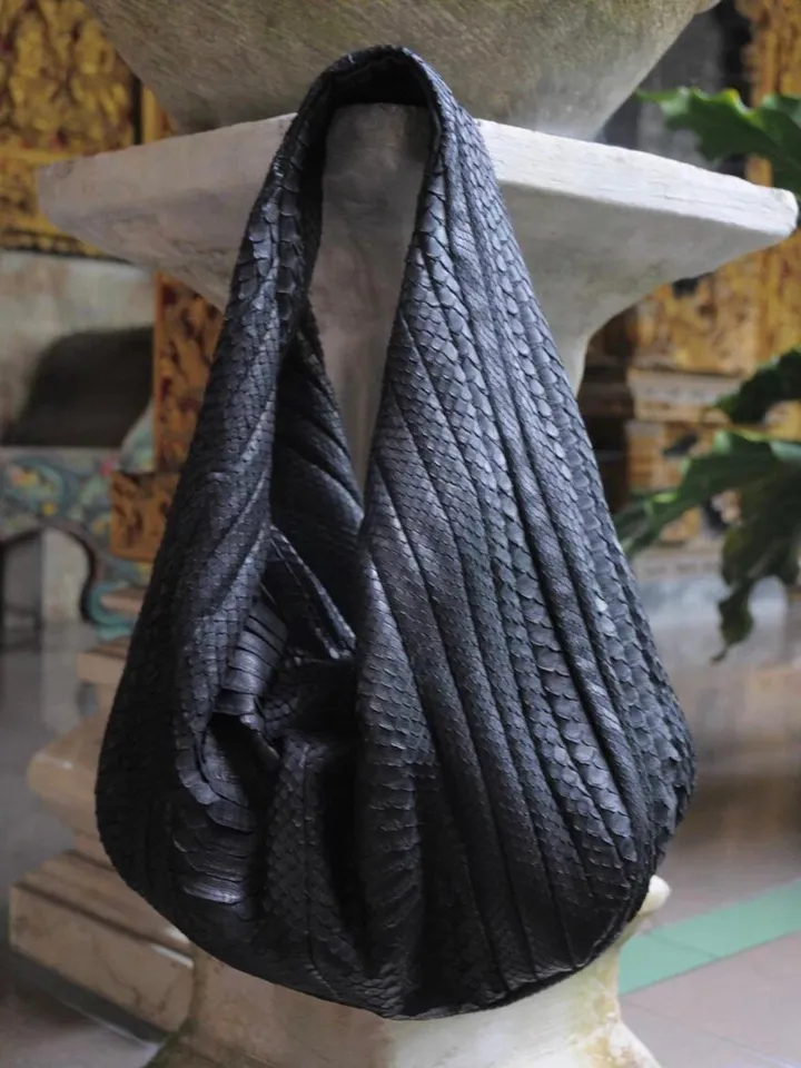 Big Soft Hobo Classy Sport Woman Stitched Bag | Purse Genuine Python Skin | Black Big Elegant Leather Designer Soft Bag Snake | reptile hobo