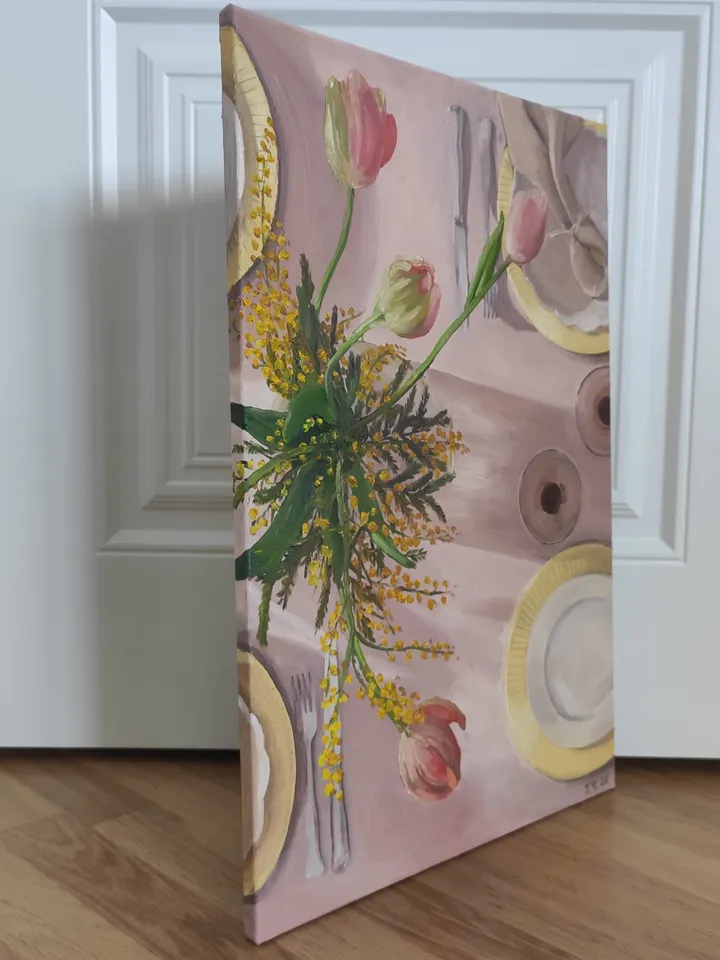 Oil painting on canvas Still life with mimosa