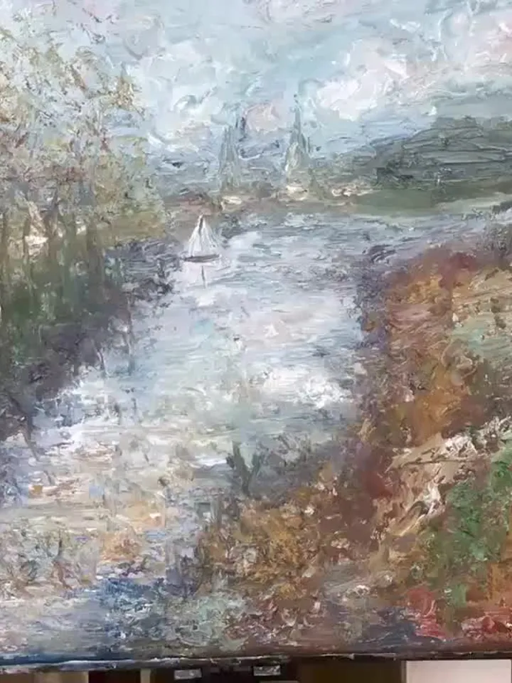 Semi-Abstract landscape painting on canvas,original oil painting,river,trees,mountains,abstract wall art,home decoration