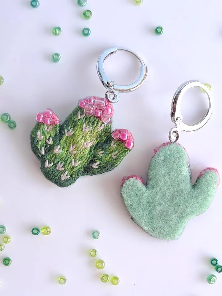 Cactus Earrings Embroidery Handcrafted Funny Jewelry Artisan Earrings Quirky Accessory Party Boho Design Fiesta Folk Art Celebration Decor