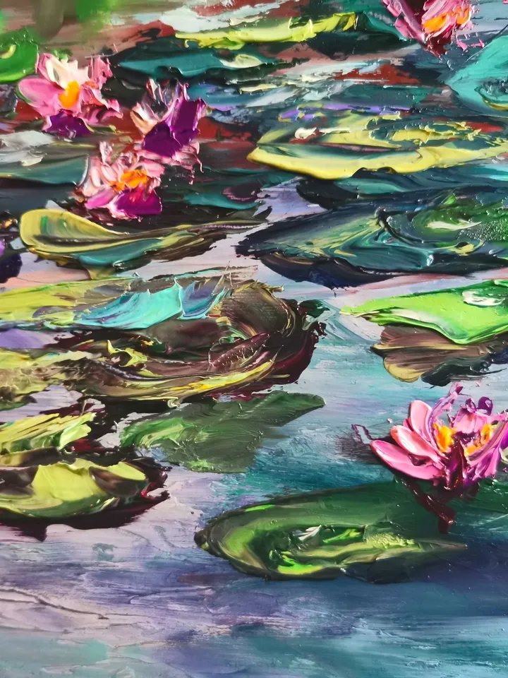 Water Lilies Pond Original Impasto Art Oil Painting Beach Artist Svinar Oksana