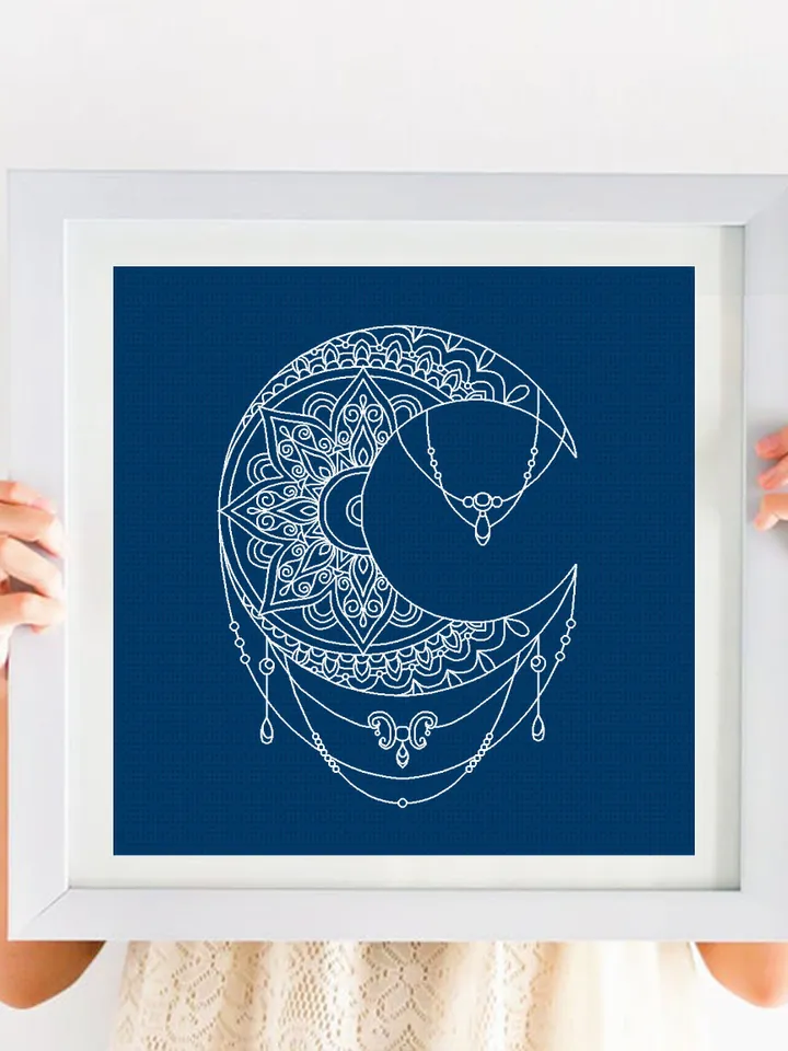 Crescent moon blackwork pattern PDF download Mandala moon embroidery PDF, Backstitch chart Moon ornament, Mandala blackwork embroidery #W32