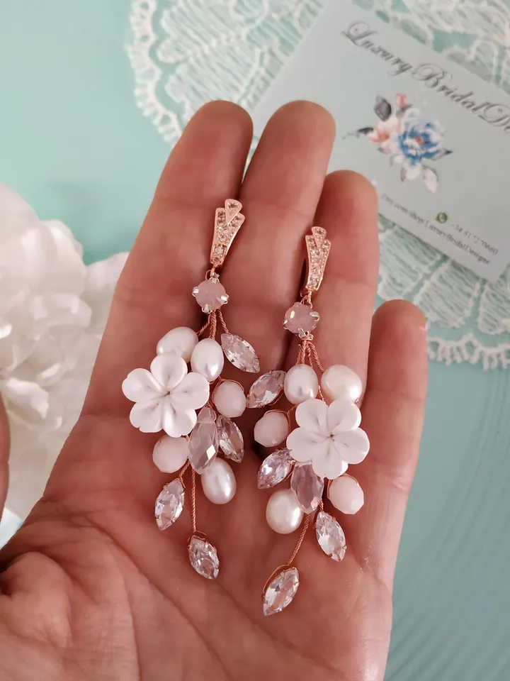 Diamond Rose Gold Wedding Earrings, Chandelier Statement Earrings, Floral Wedding Jewelry, Boho Wedding Earrings, Boho Bridal Earrings