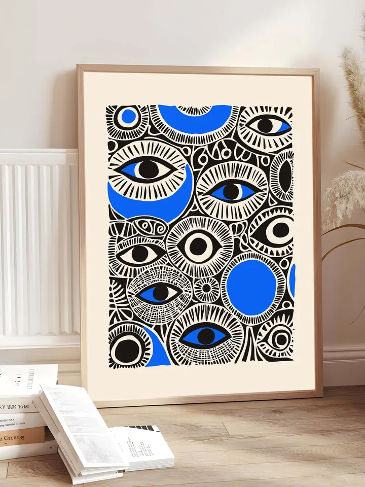 Abstract Eye Collage Print, Surreal Eye Wall Art, Bold Blue Black Poster, Eclectic Eye Decor, Whimsical Illustration, Digital Download
