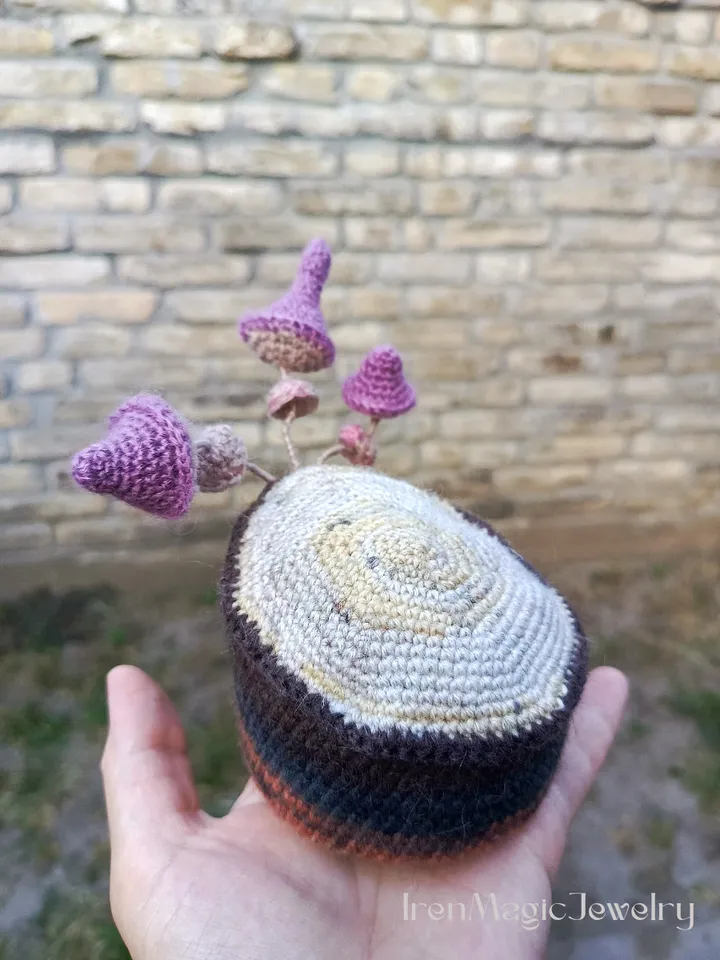 Crochet Forest Stump Pincushion with Mushrooms