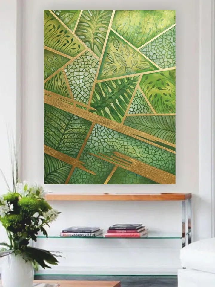 Green and Gold Abstract Wall Art Chartreuse Original art Floral Painting Botanical Art Green leaves art