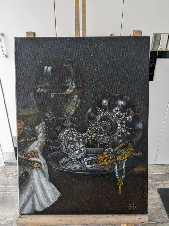 Oil Painting Still Life with Wine Glass, Pie and Antique Clock Original Art 16x12 inches
