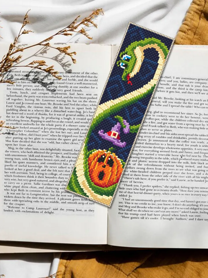 Halloween bookmark cross stitch pattern PDF download Snake cross stitch chart, Bookmark pattern digital PDF, Halloween pumpkin stitch #B360