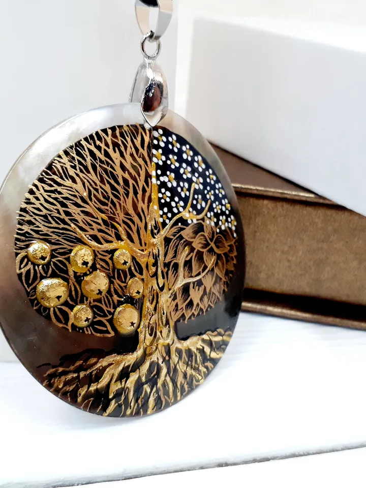 Beautifull Pendant "Tree of life"Mother-of-pearl Hand painted miniature painting magic of painting art jewelry Fedoskino Russian jewelry