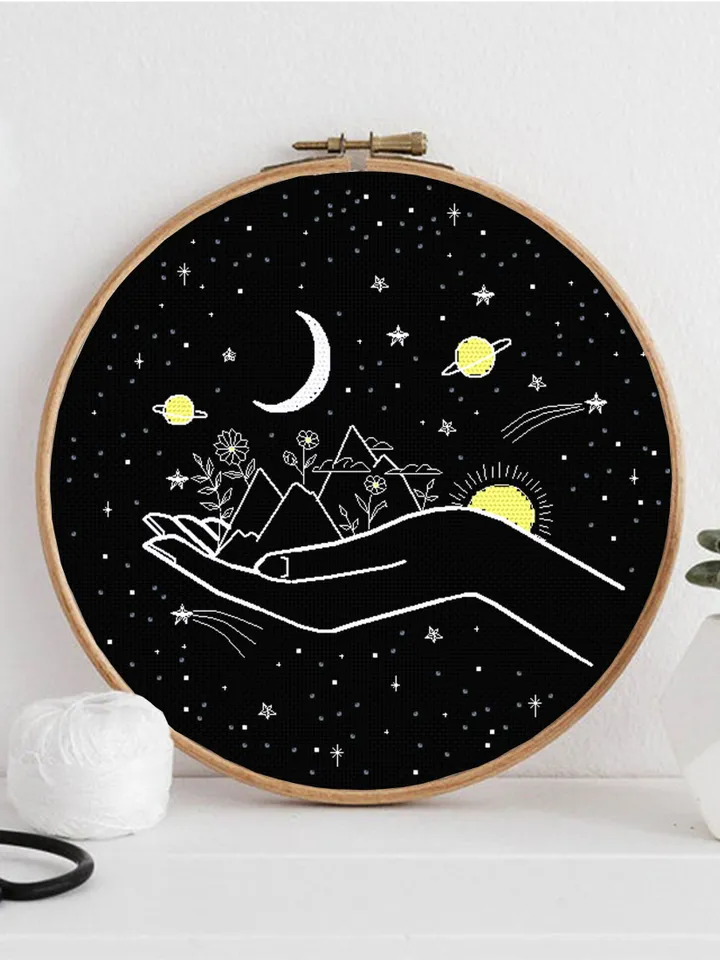 Hand holding mountain embroidery blackwork pattern PDF Magic nature in palm Backstitch chart, Nature embroidery download PDF, Galaxy #W5