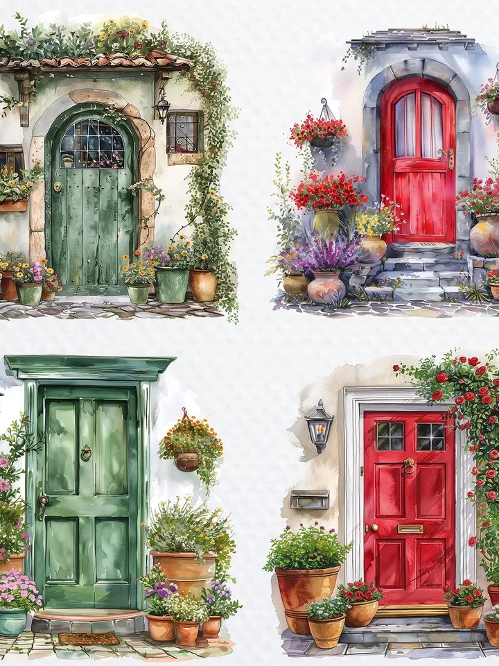18 Vintage Floral Doors PNG Bundle, Old Doors Printable Watercolor clipart for sublimation, High Quality PNGs digital crafting, junk journal