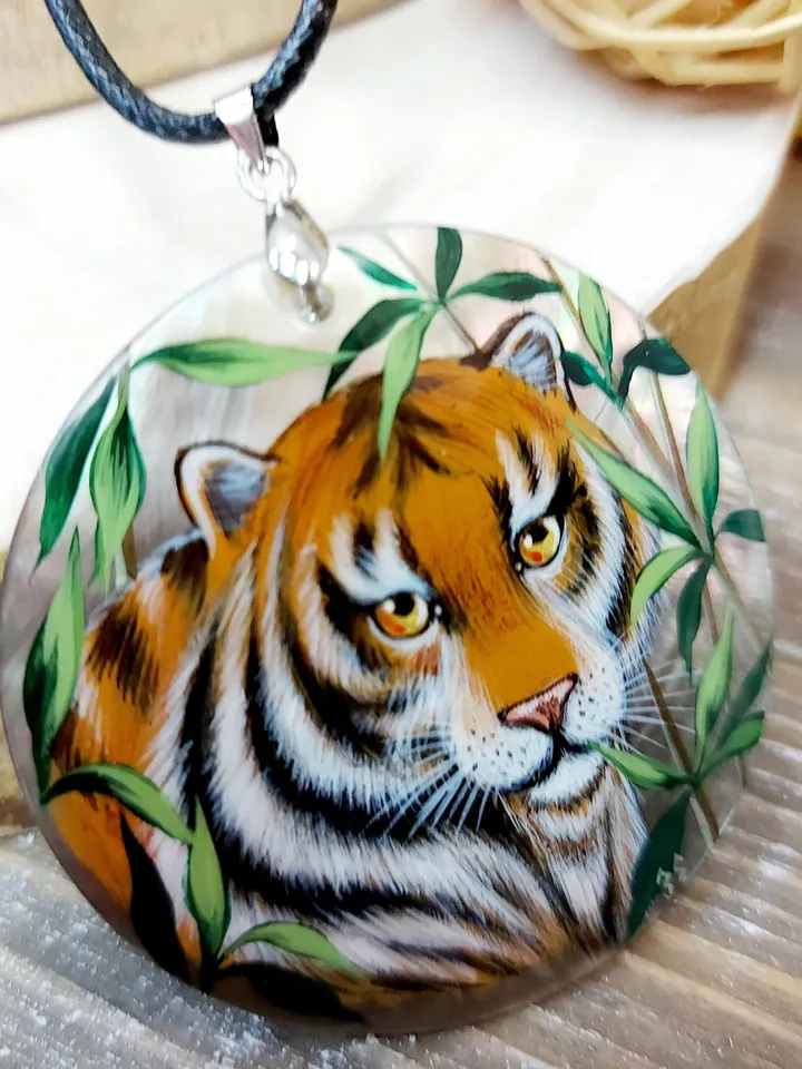 Pendant "Tiger" Mother-of-pearl Hand-painted Summer jewelry Russian jewelry magic of painting fine art jewelry Fedoskino Gift Collectible