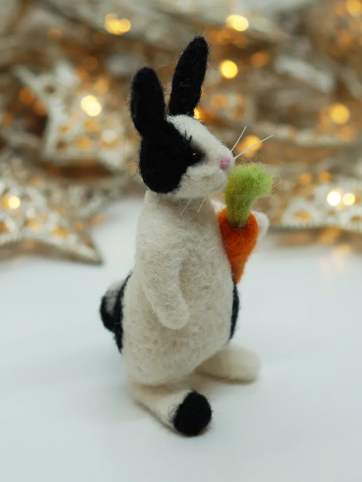 Bruno the rabbit, miniature needle felted black and white rabbit with a carrot, made to order