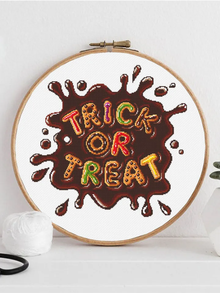 Candy letters trick or treat cross stitch pattern download PDF, Halloween quotes cross stitch, Halloween pattern digital PDF Home decor #H50