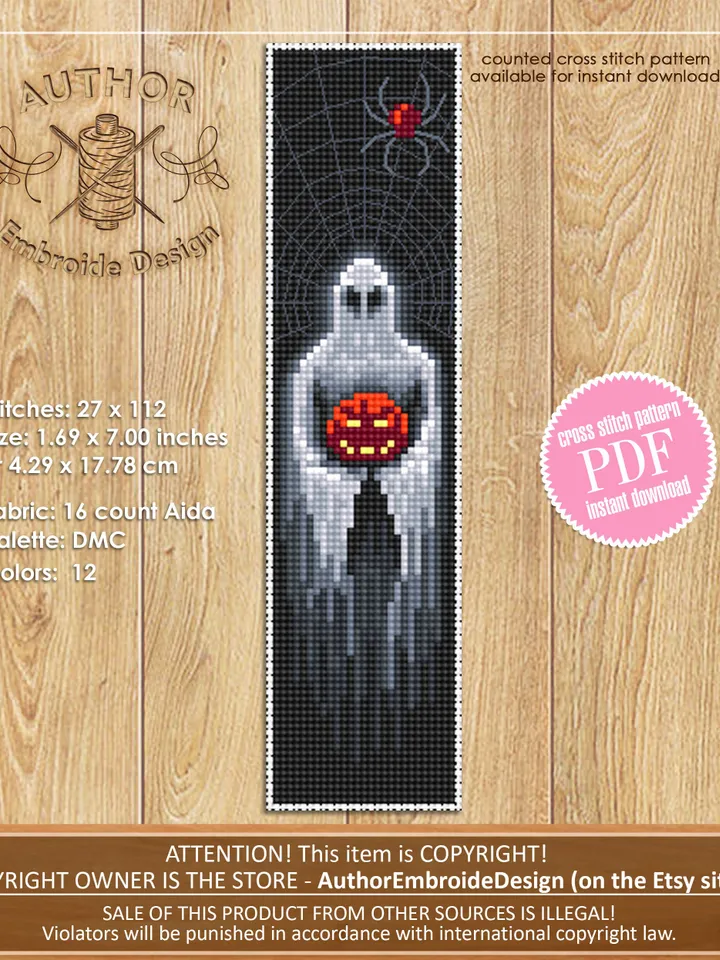 Spooky Halloween bookmark cross stitch pattern download PDF, Handmade bookmark pattern PDF, Ghost cross stitch chart, Gothic halloween #B82