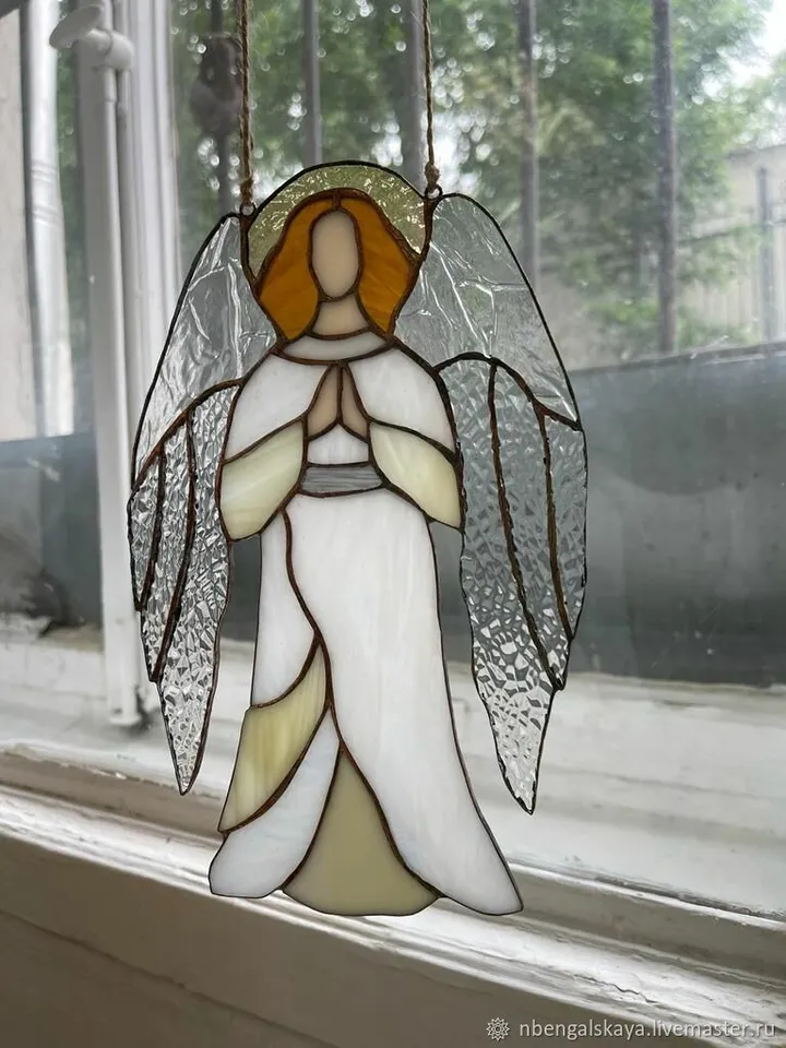 Angel's Prayer, Hanging decorations, Tiffany Stained Glass, Angel’s Prayer Ornament, Stained Glass Angel in Prayer, Tiffany Glass Angel Pendant, Praying Angel Suncatcher, Hanging Angel Figure, Guardian Angel Glass Ornament, Celestial Angel Window Charm