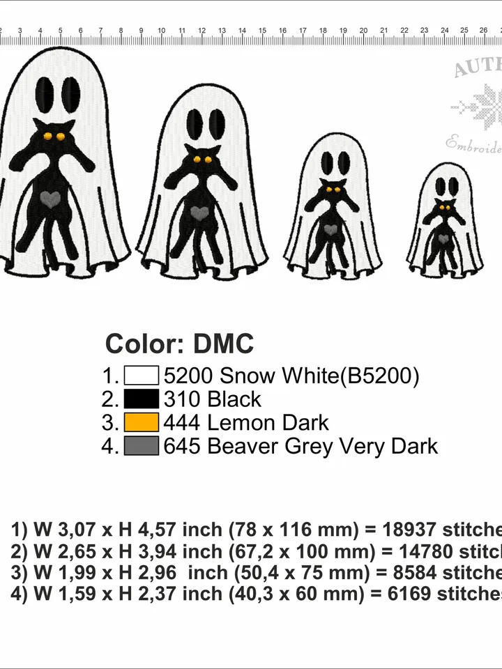 Cute ghost with black cat machine embroidery pattern 4 size Ghost applique embroidery design, Halloween embroidery pes instant download #R30