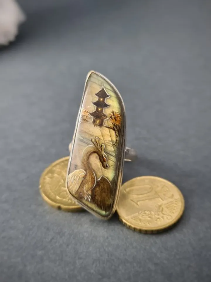 Dragon ring Labradorite ring Stone painting dragon Aaa large labradorite ring