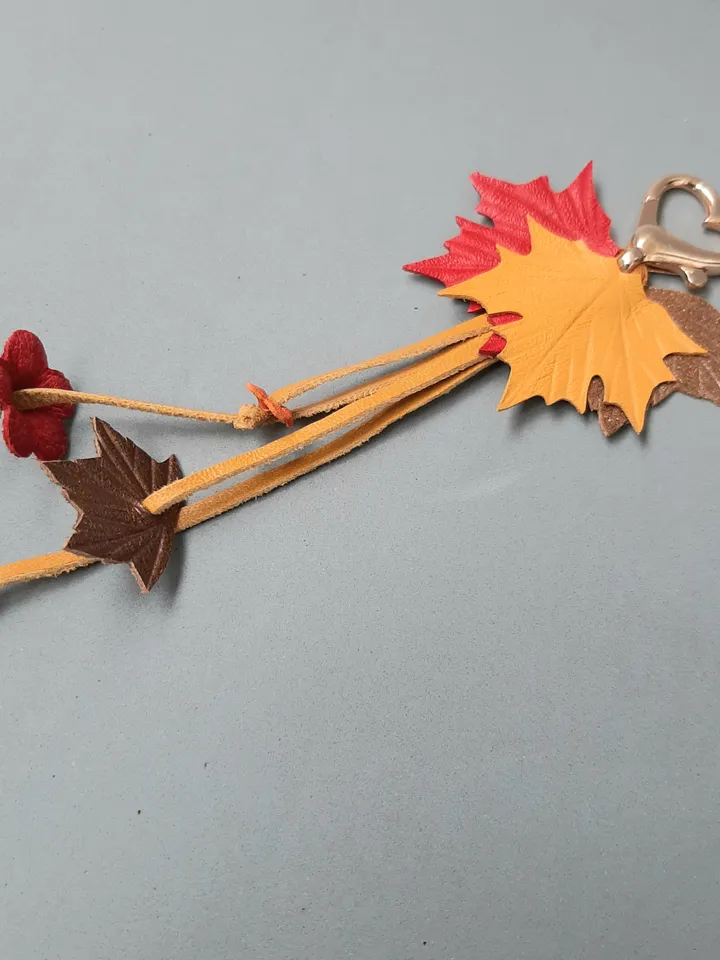 Orange maple Leaf Keychain Leather tassel charm Leather Pendant, art 9