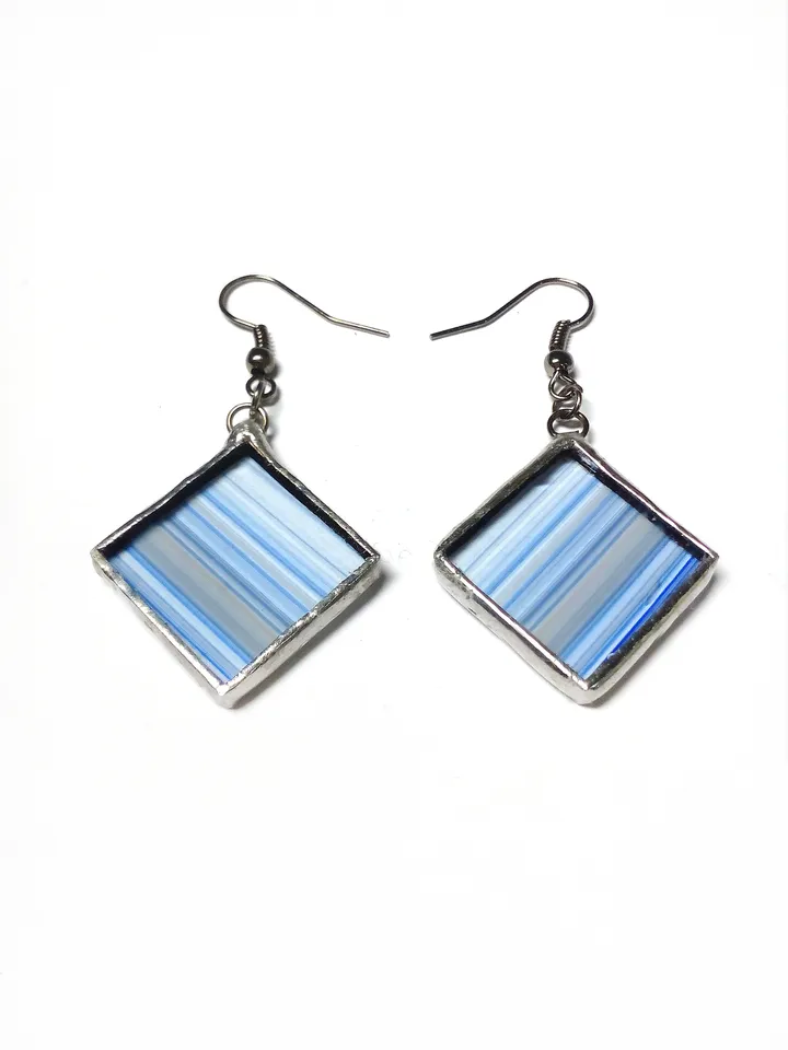 Simple stained glass, blue earrings, cute squar earrings, geomentic earrings