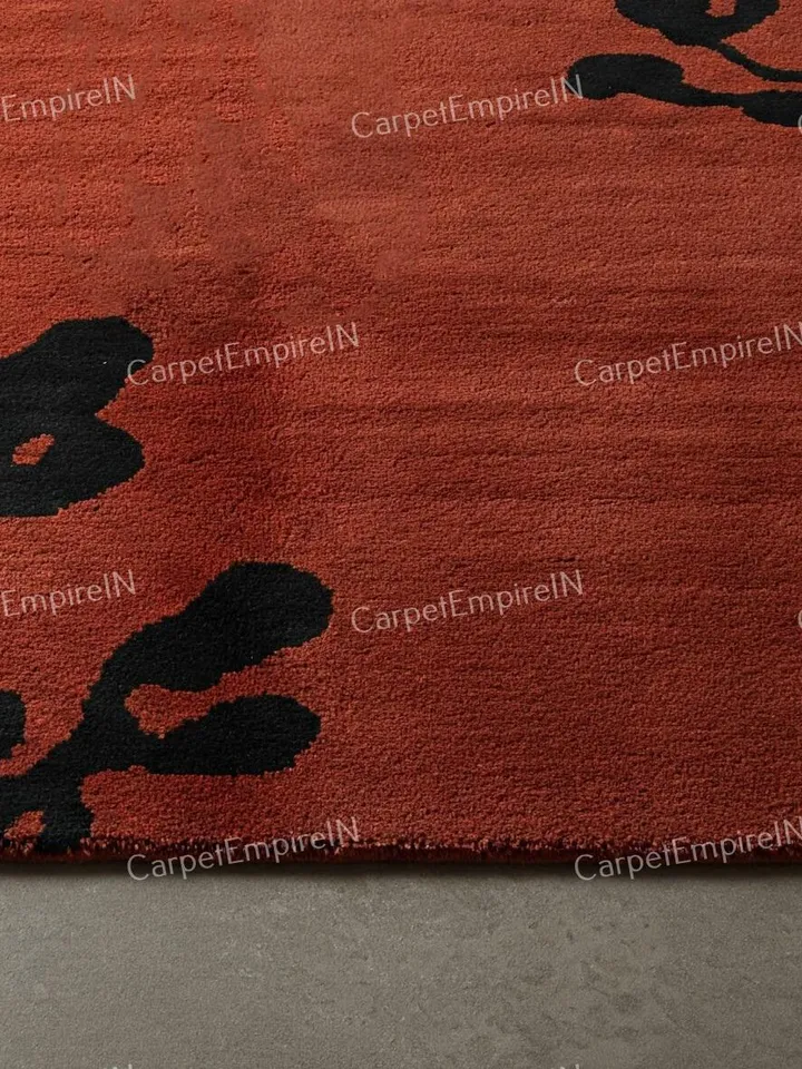 Rustic burnt rug,Orange area rug - Botanical wool rug, Hand-Tufted, Floral carpet, Contemporary, Home decor, floral,4x6,5x7,8x10,9x12,10x14.