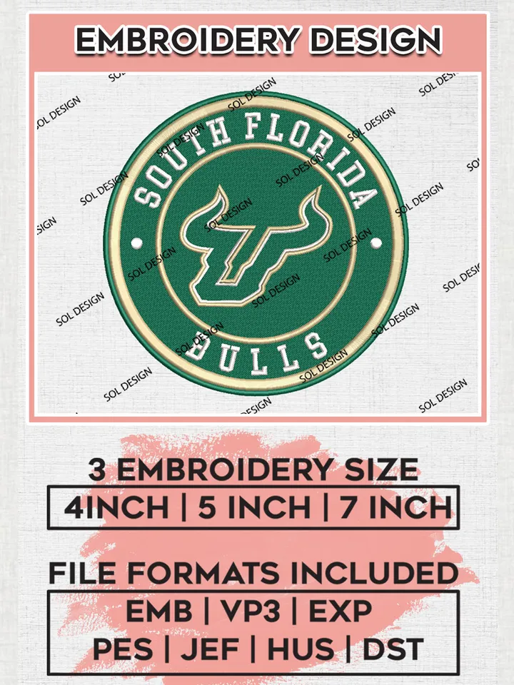 NCAA South Florida Bulls Round Logo Embroidery, NCAA South Florida Bulls Logo Embroidery files, NCAA Teams, Machine embroidery designs, Digital Download
