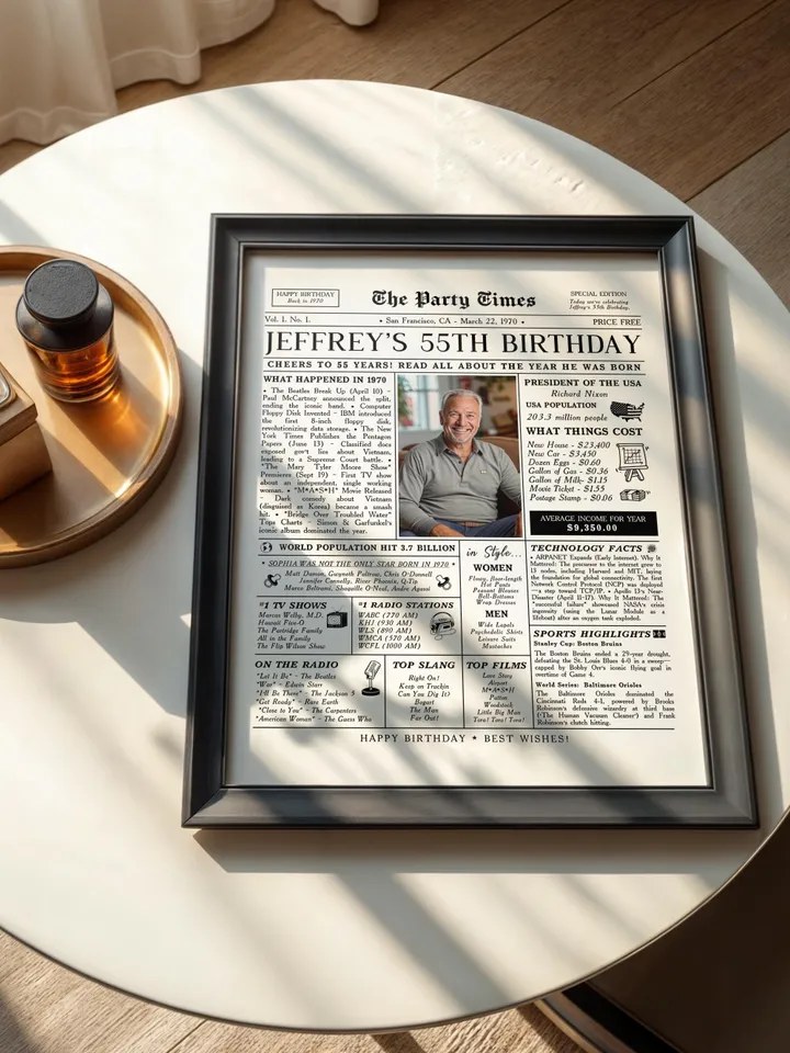 55th Birthday Gift for Men or Women, 55th Birthday Newspaper Poster Sign Back in 1970, Mens Birthday Gift, Gift for him, Gift for Her