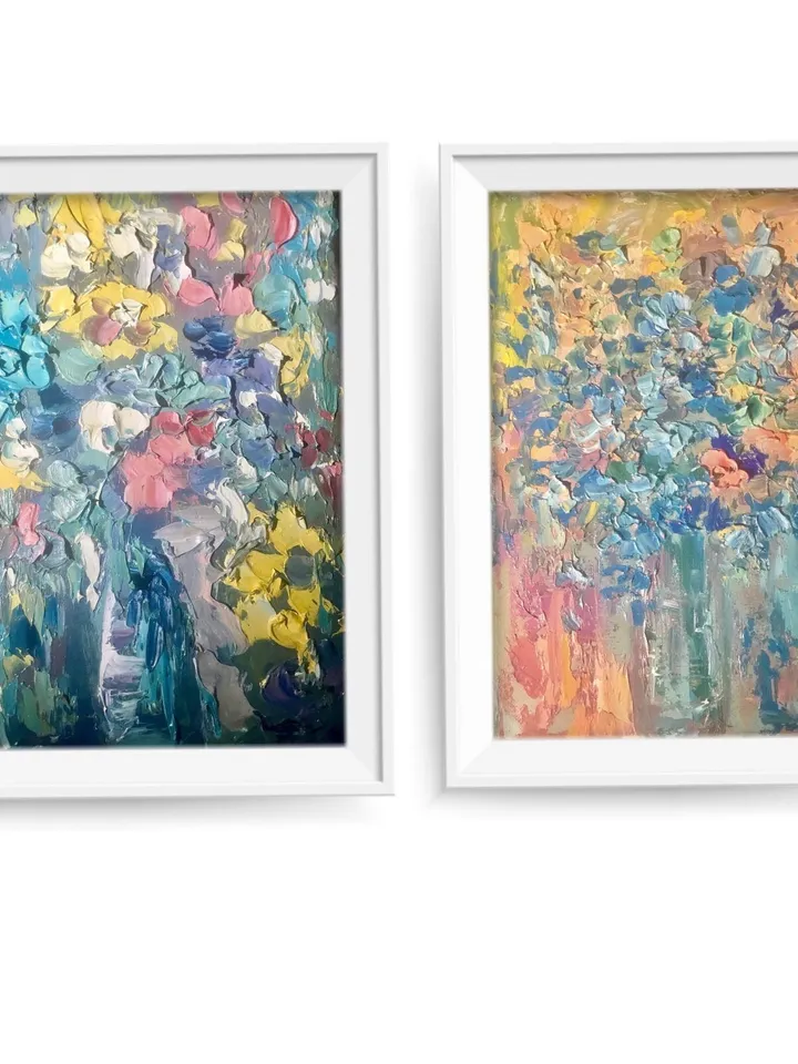 Original oil impasto style textured diptych, set of 2 impressionistic floral painting on canvas,oil painting wall art,unique gifts