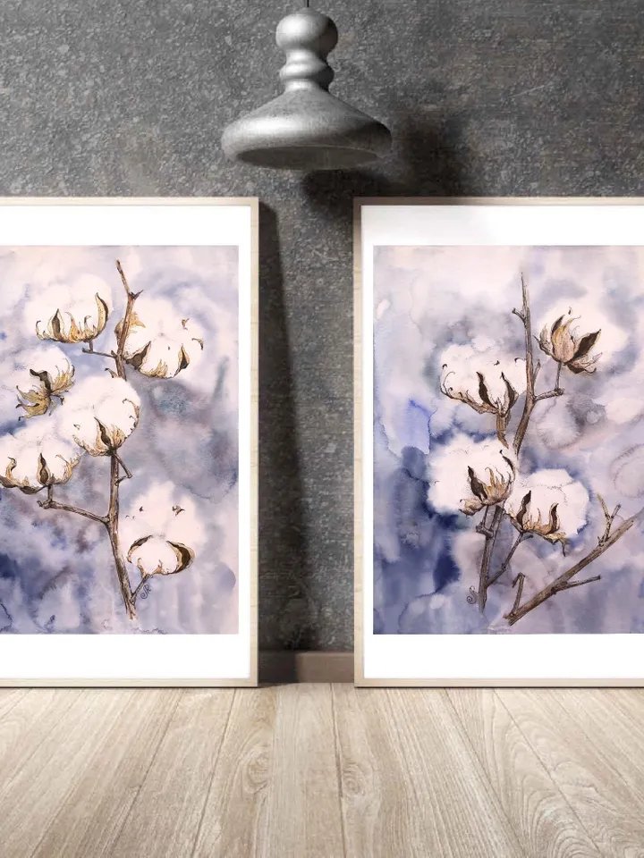 Cotton Watercolor Painting Set of 2 Flowers Original Painting Floral Art