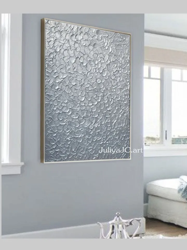 Silver Abstract Wall Art Glittery Silver Painting Textured artwork | Living room wall art Light Silver home decor