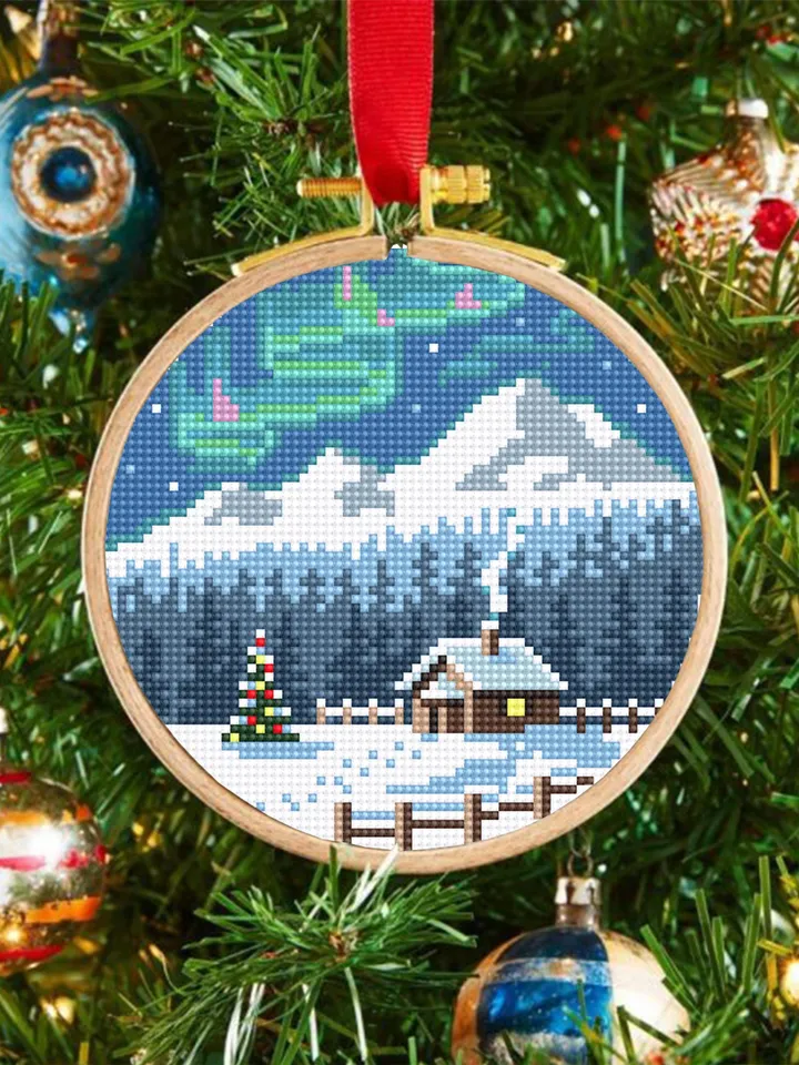 Christmas houses cross stitch pattern PDF download Winter landscape cross stitch chart, Christmas pattern digital PDF, Northern lights #N181