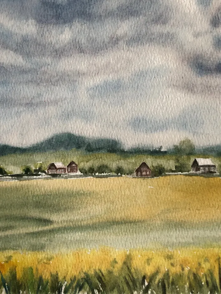 Clouds over the village landscape original watercolour painting wall art hand painted