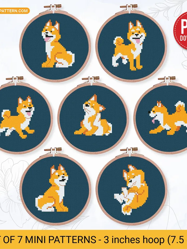 Bundle of 7 mini Shiba Inu dog Cross stitch patterns, puppy, pet, animals, beginner counted, modern chart, gift DIY, embroidery, instant PDF