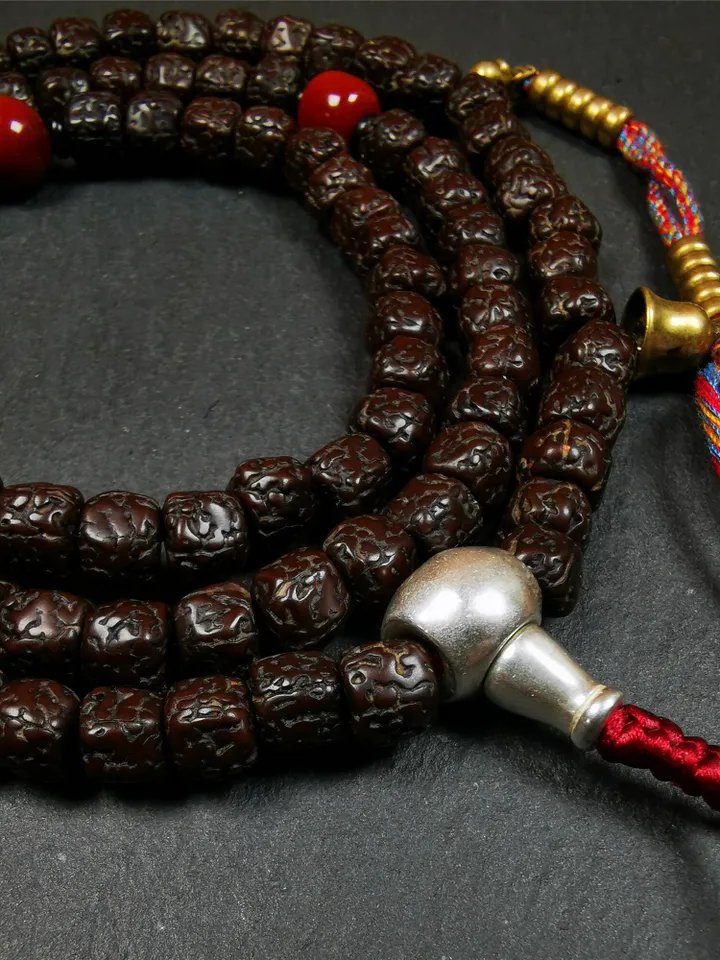 Gandhanra Old Tibetan 108 Rudraksha Mala,Prayer Beads Necklace,Rosary Beads for Meditation,Diameter 0.32", Circumference 30"