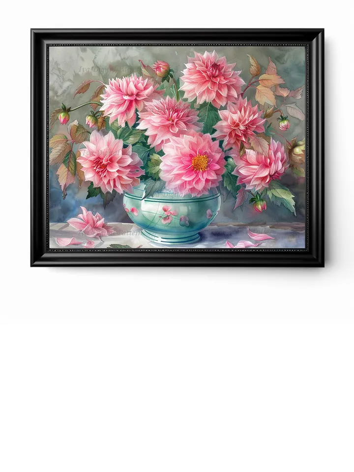 Bouquet of pink dahlias in a vase watercolor drawing, digital illustration, digital painting , wall art decoration. AI