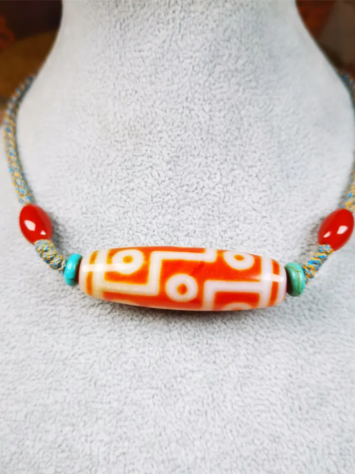 Gandhanra Unique Tibetan Fire Agate 9 Eyes Dzi Bead Necklace,1.93&quot; x 0.59&quot;