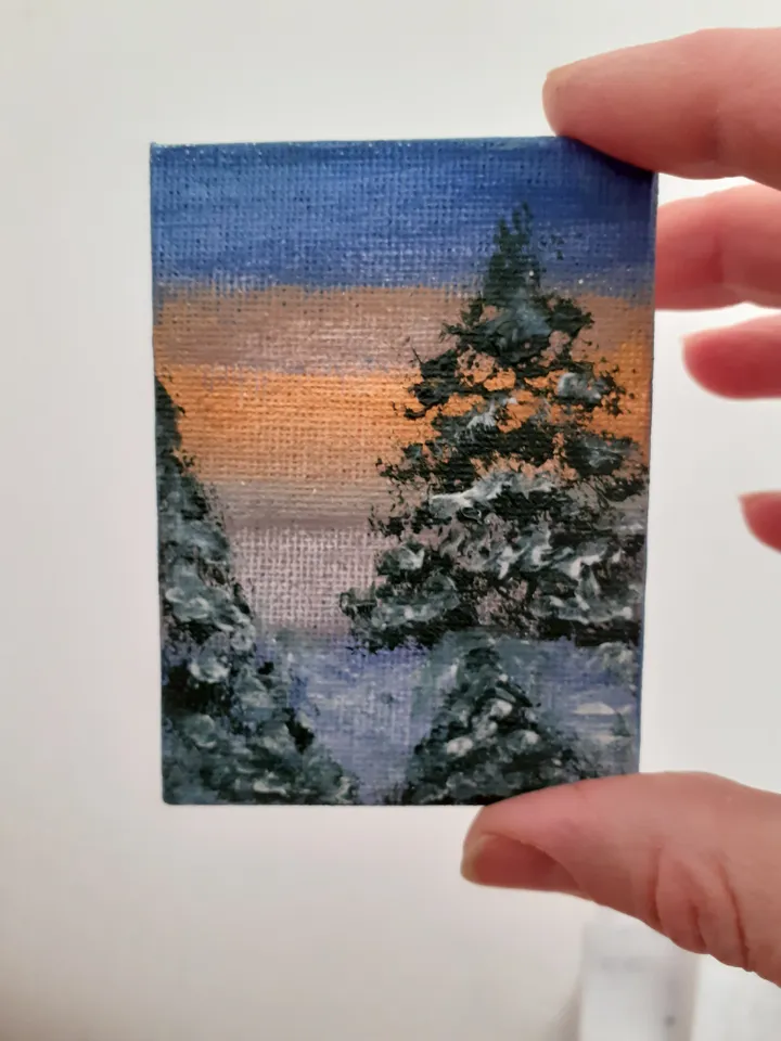 Oil Painting Winter Forest Pine Trees in the Snow Forest Landscape Miniature Stretched Canvas 3.5 x 2.5 inches On a wooden stand \set\ Collectible art Gift for the occasion Decor of walls and other surfaces
