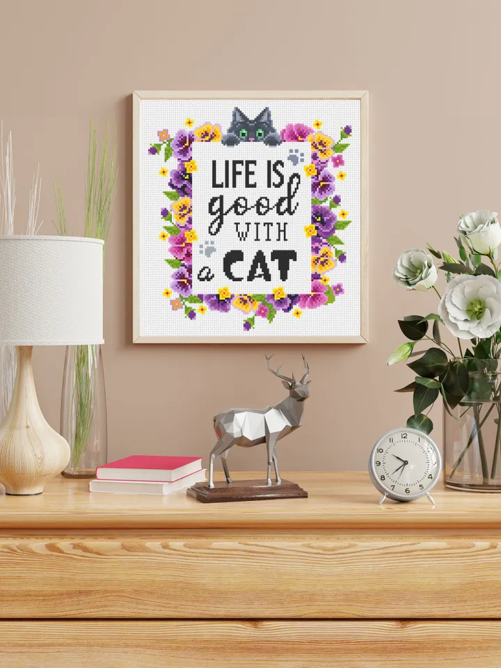 Flower cat cross stitch pattern PDF download Cat quotes cross stitch chart, Life Is Good With A Cat, Flower wreath pattern digital PDF #Q44