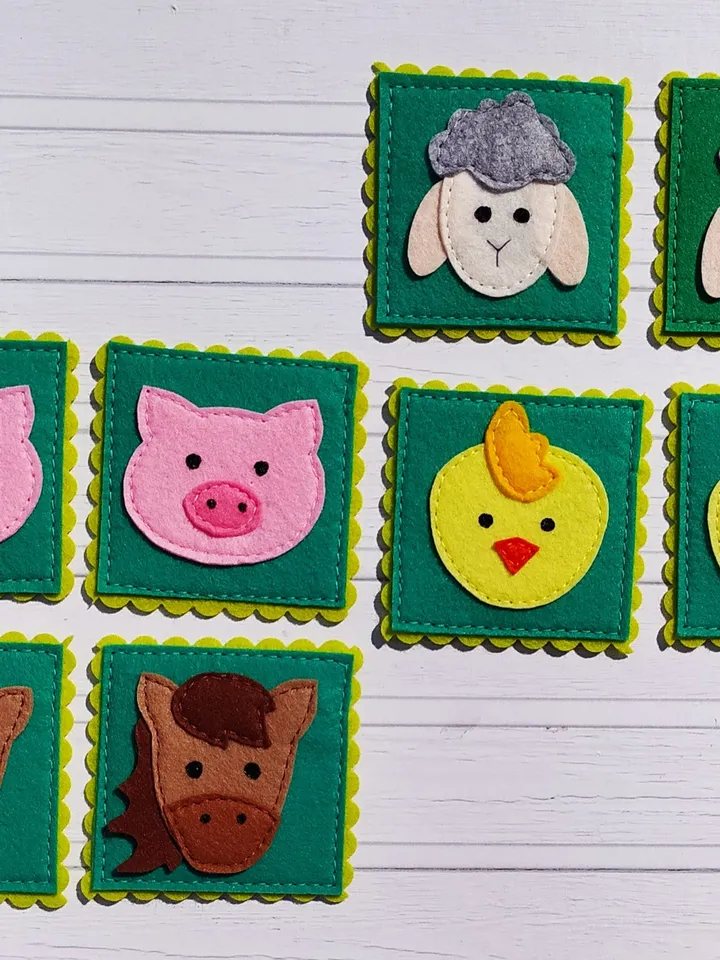Felt memory game PDF Pattern, Farm animals Matching Cards, Educational toys for kids, Felt toy pattern, Travel Toys for toddlers
