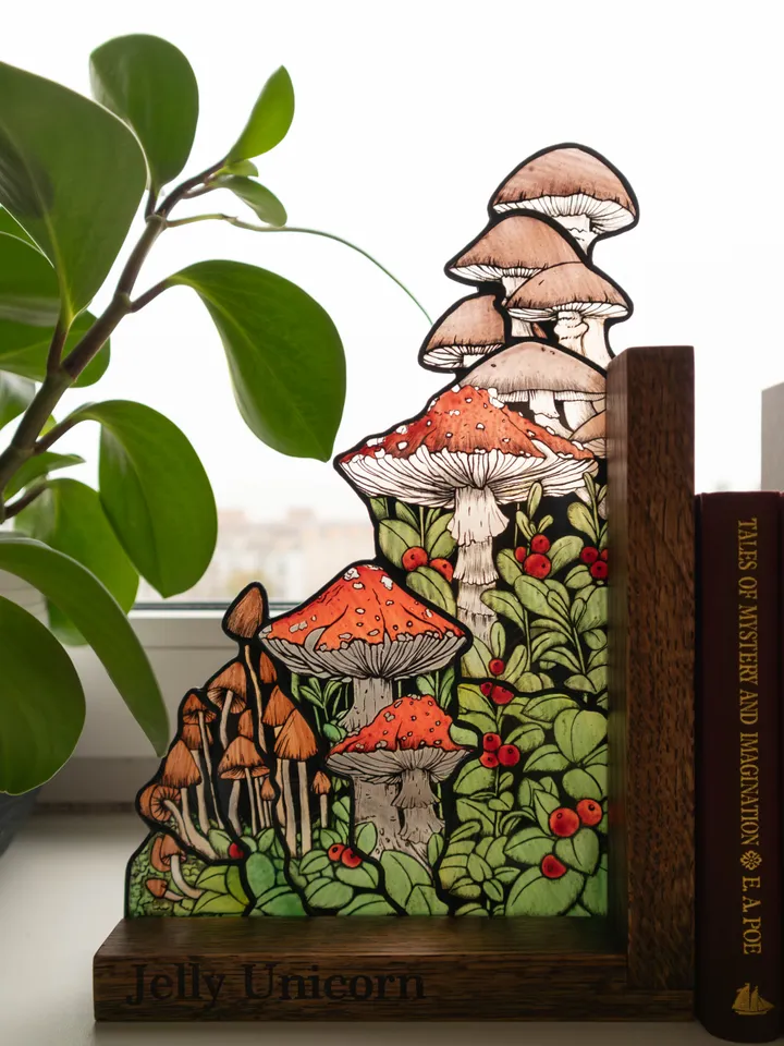 MADE TO ORDER, Stained glass bookends with mushrooms, Home decor with fungi