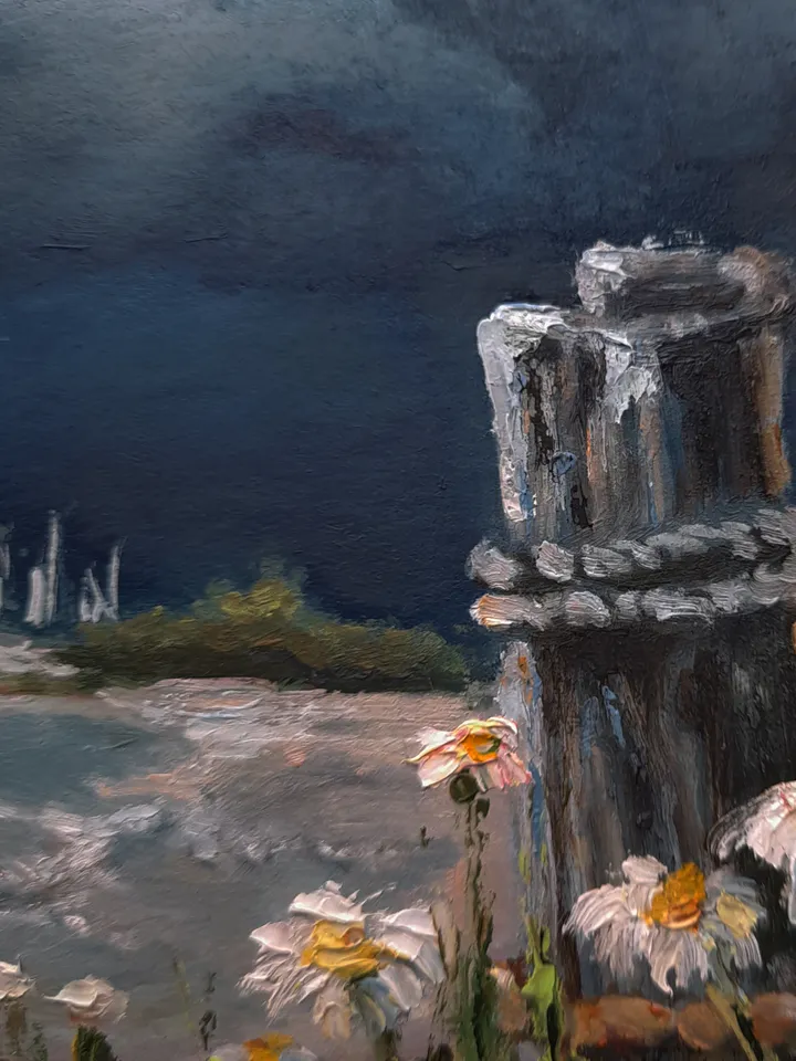 Oil painting on cardboard Before the storm. Painting in a decorative frame