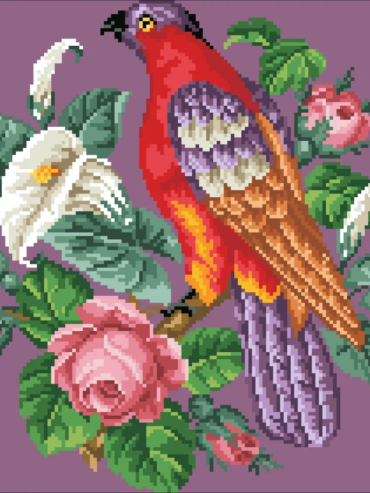 Antique Cross Stitch Pattern Bird on a Branch with Flowers Counted Digital Download PDF
