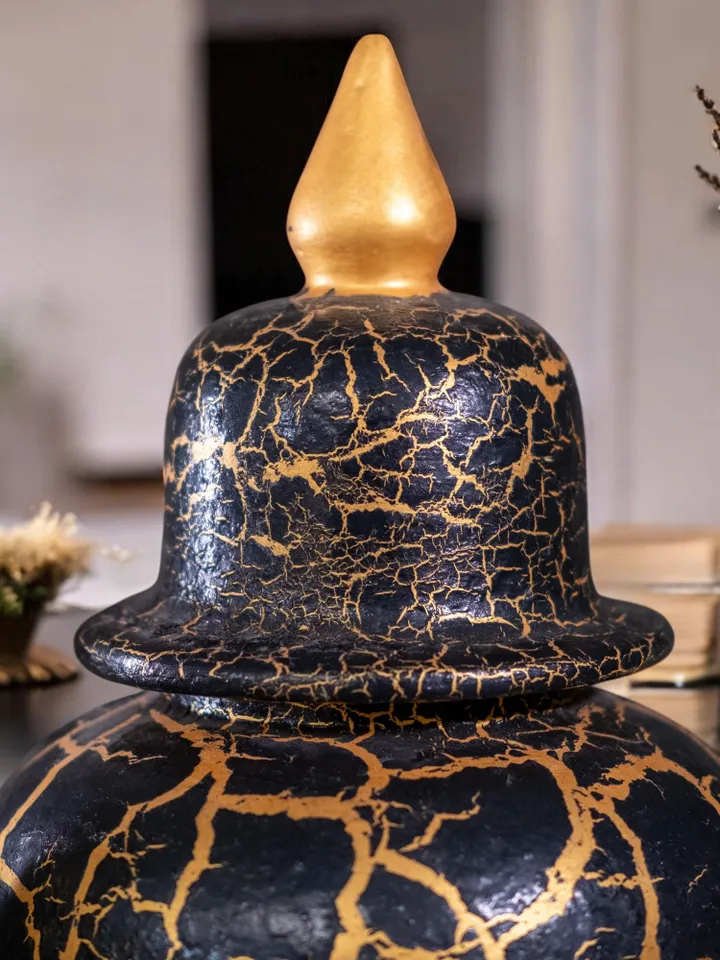 Set of 3 Black and Gold Jars with Crackle Finish – 3 Sizes, Decorative Jar Set in Black and Gold with Crackle Design