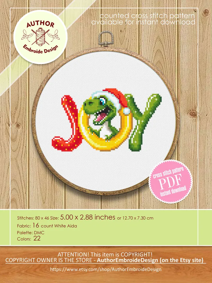 Funny dinosaur christmas cross stitch pattern PDF download, Set of 2 small dinosaur cross stitch chart, Cute dino pattern digital PDF #N115