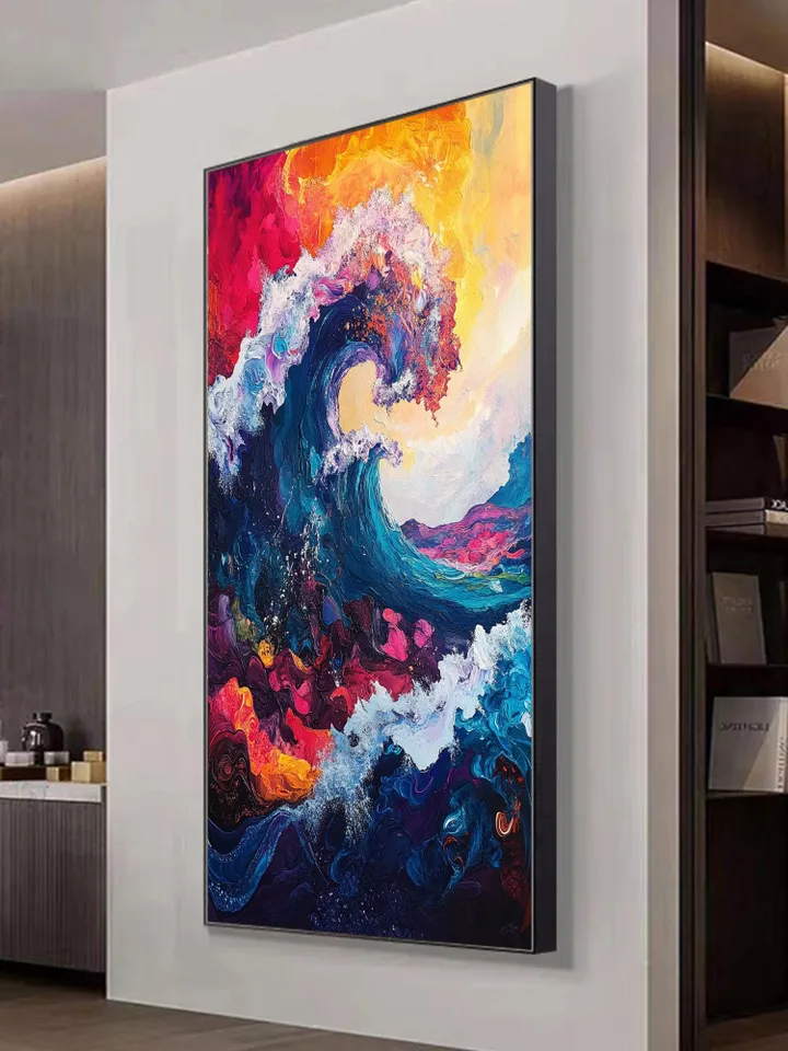 Original Hand-Painted Abstract Oil Painting on Canvas | Colorful Ocean Wave Art | Stunning Red, Blue, Yellow Decor for Living Room or Office