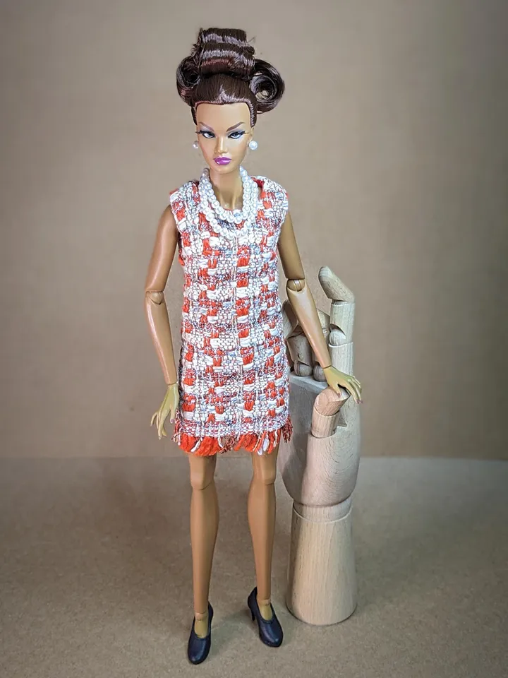 Handmade checked bouclé mini dress for 16-inch Fashion Royalty dolls (FR16)