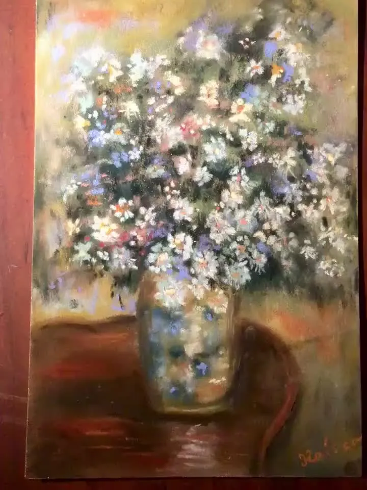Bouquet of flowers in a vase,original soft pastel painting on specialized paper,impressionistic flowers painting,wall  hanging,gift.